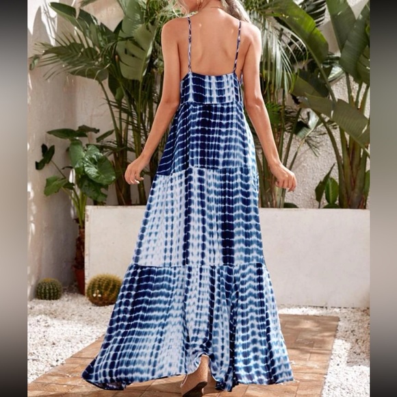Boho Tie Dye Ombré Deep V Neck Cut Out Backless Maxi Dress - Picture 2 of 5